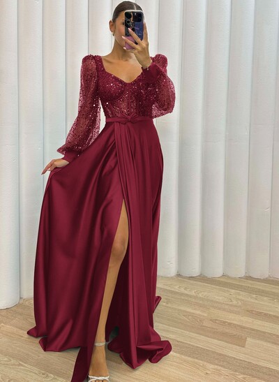 Sequined V-Neck Long Sleeves A-Line Prom Dresses