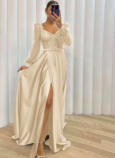 Sequined V-Neck Long Sleeves A-Line Prom Dresses