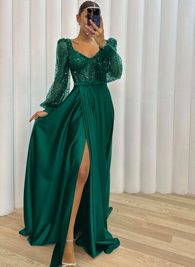 Sequined V-Neck Long Sleeves A-Line Prom Dresses