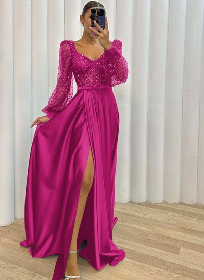 Sequined V-Neck Long Sleeves A-Line Prom Dresses