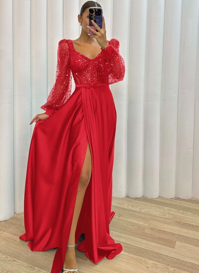 Sequined V-Neck Long Sleeves A-Line Prom Dresses