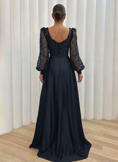Sequined V-Neck Long Sleeves A-Line Prom Dresses