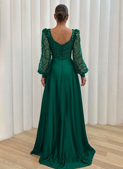 Sequined V-Neck Long Sleeves A-Line Prom Dresses
