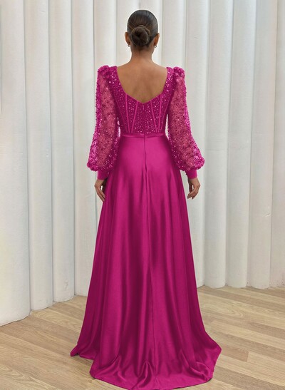 Sequined V-Neck Long Sleeves A-Line Prom Dresses