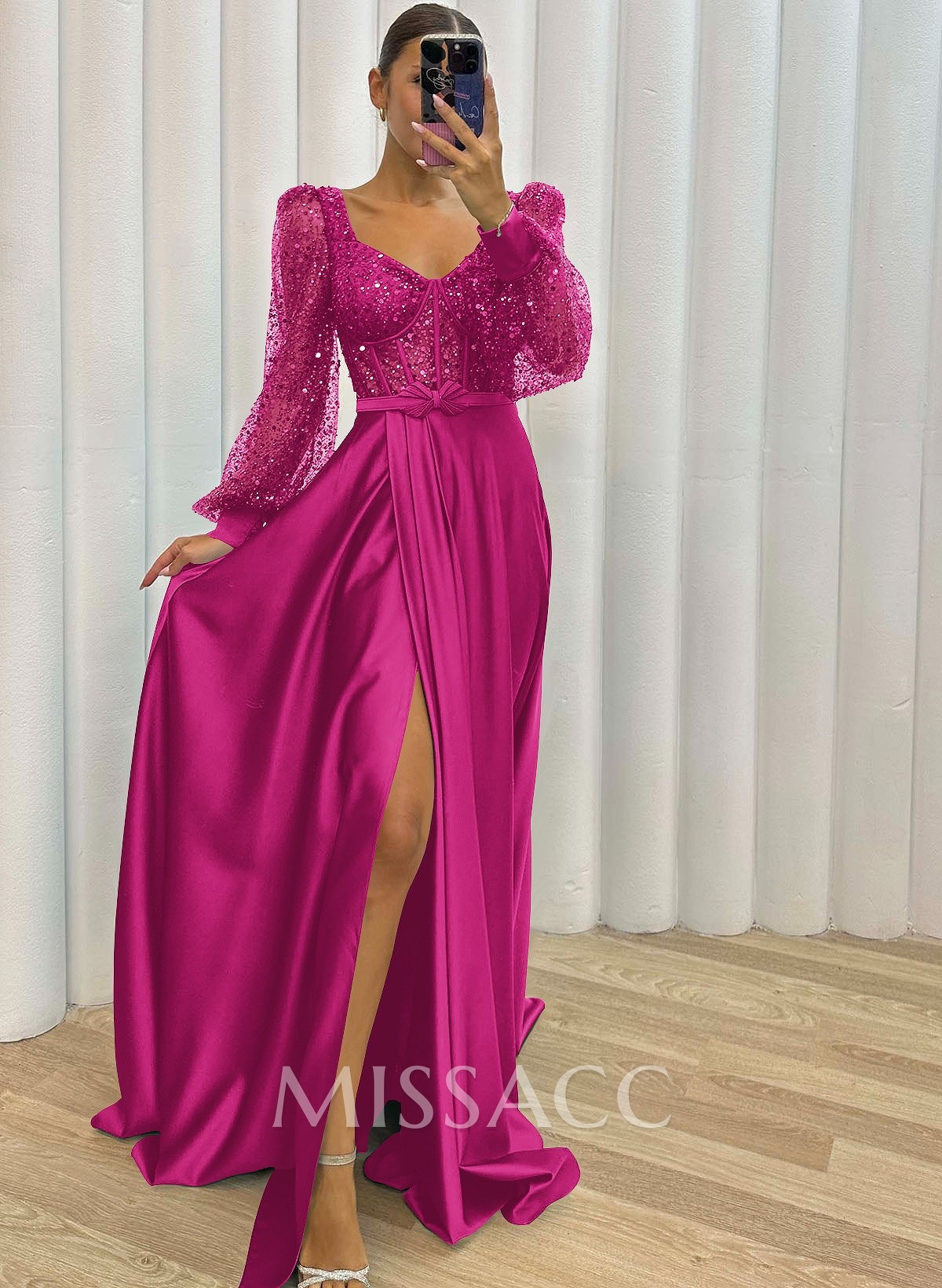 Sequined V-Neck Long Sleeves A-Line Prom Dresses Sequined V-Neck Long Sleeves A-Line Prom Dresses