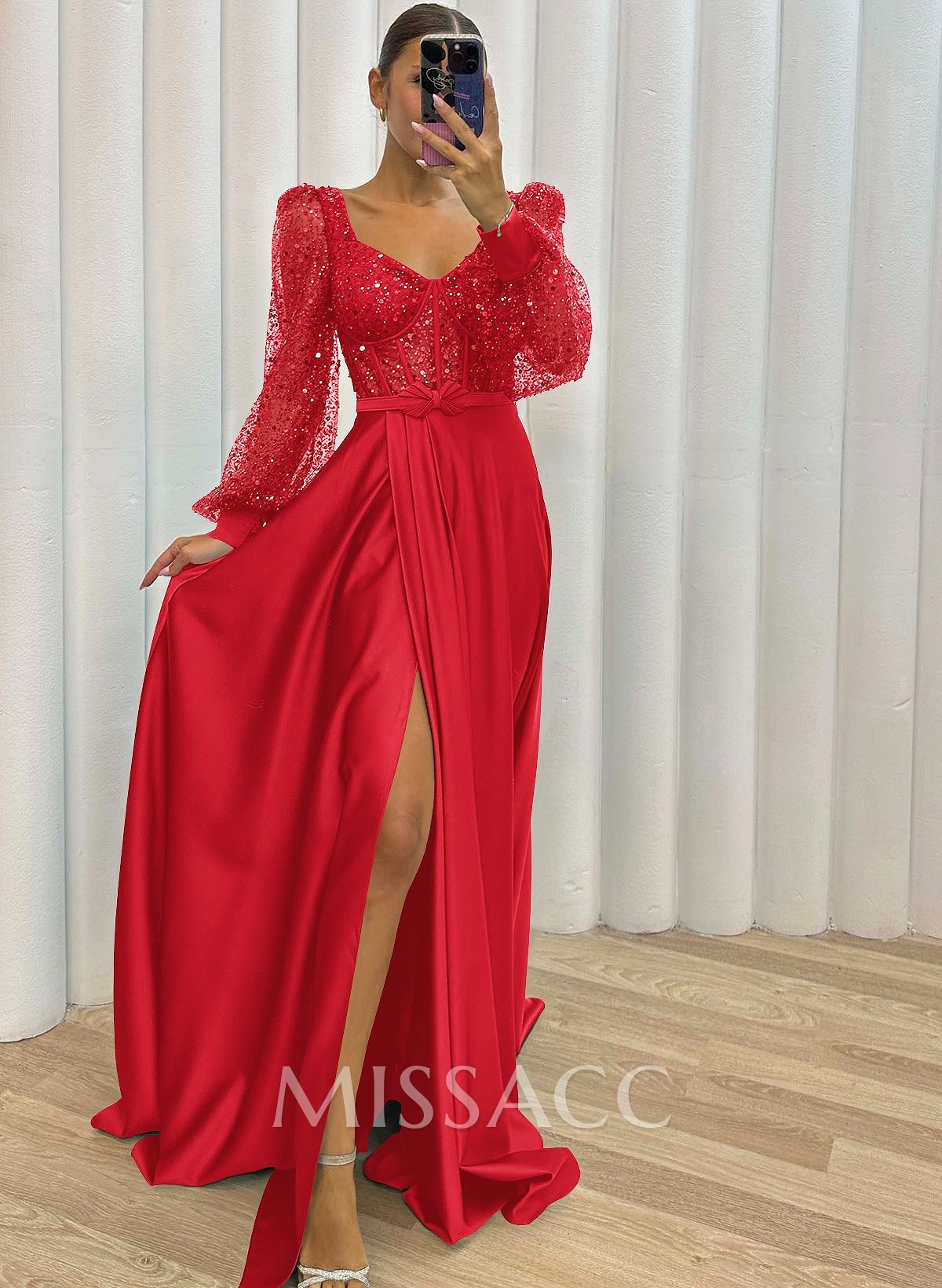 Sequined V-Neck Long Sleeves A-Line Prom Dresses