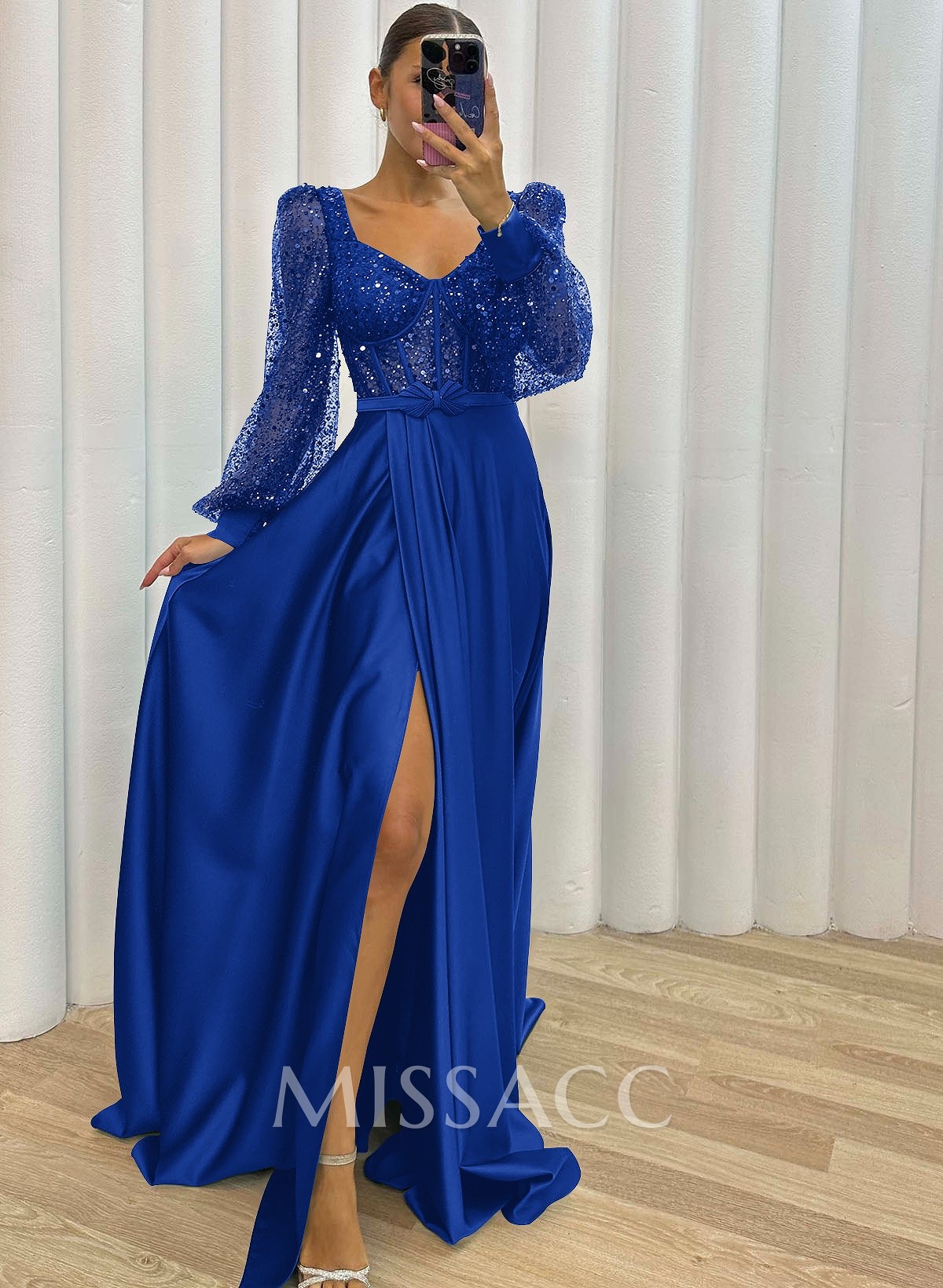 Sequined V-Neck Long Sleeves A-Line Prom Dresses