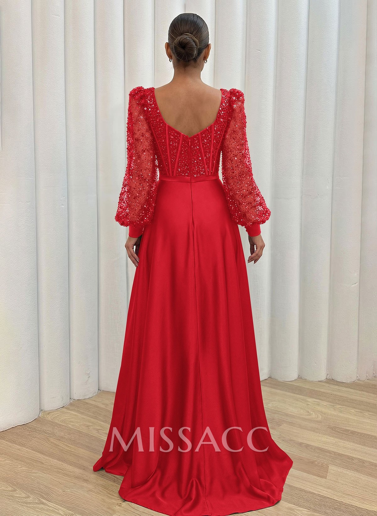 Sequined V-Neck Long Sleeves A-Line Prom Dresses