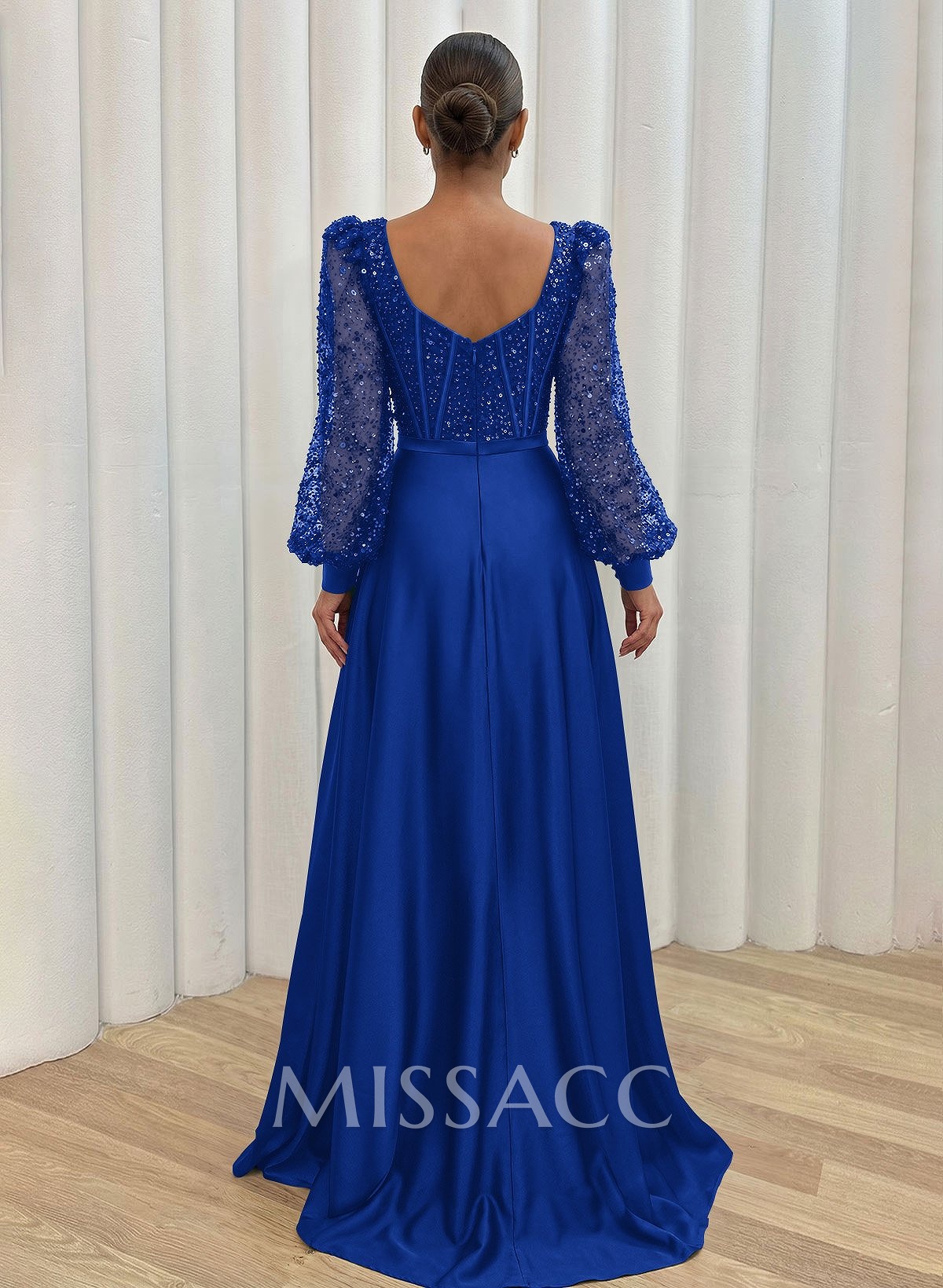 Sequined V-Neck Long Sleeves A-Line Prom Dresses