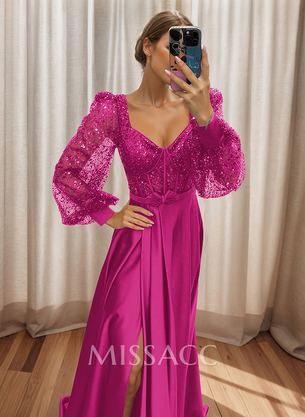 Sequined V-Neck Long Sleeves A-Line Prom Dresses Sequined V-Neck Long Sleeves A-Line Prom Dresses