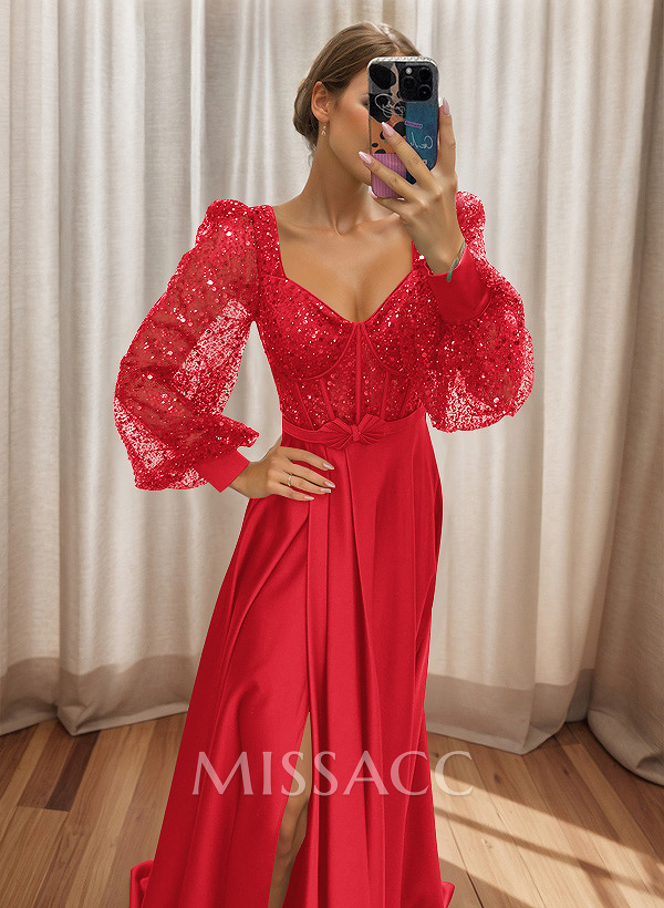 Sequined V-Neck Long Sleeves A-Line Prom Dresses