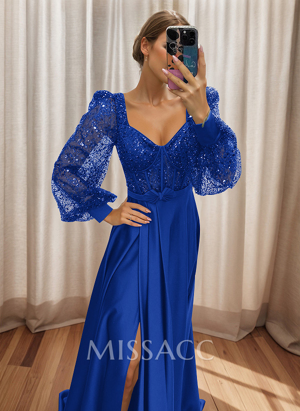 Sequined V-Neck Long Sleeves A-Line Prom Dresses