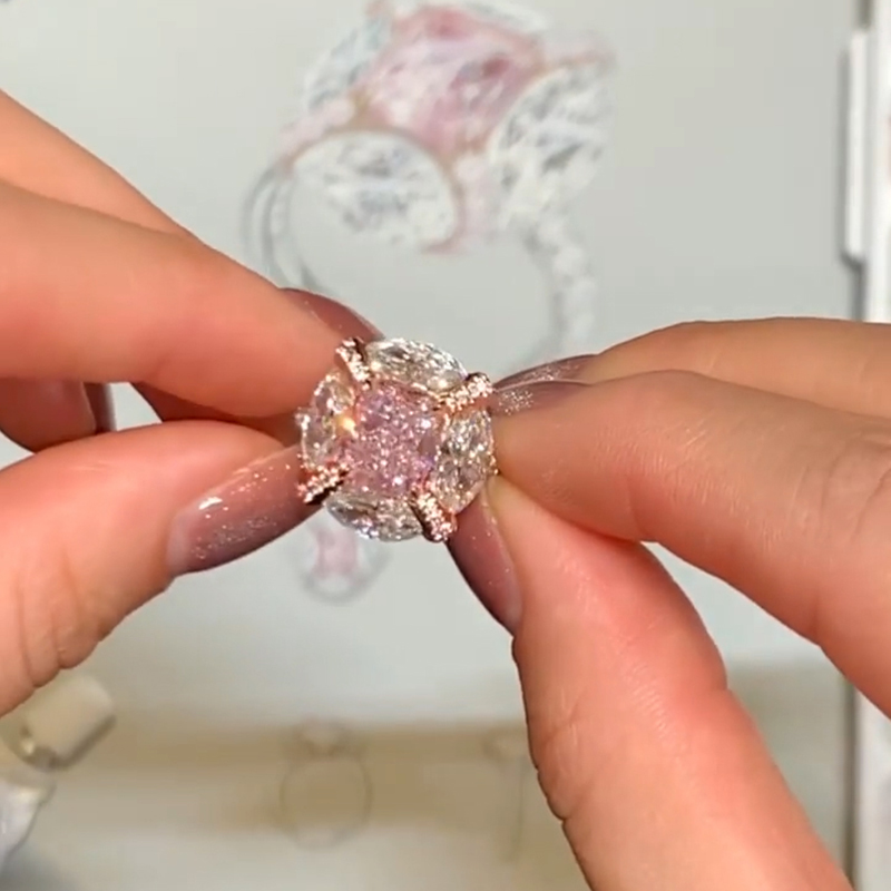 2ct Pink Radiant Cut Around With 4 Marquise Shape White Diamonds Ring