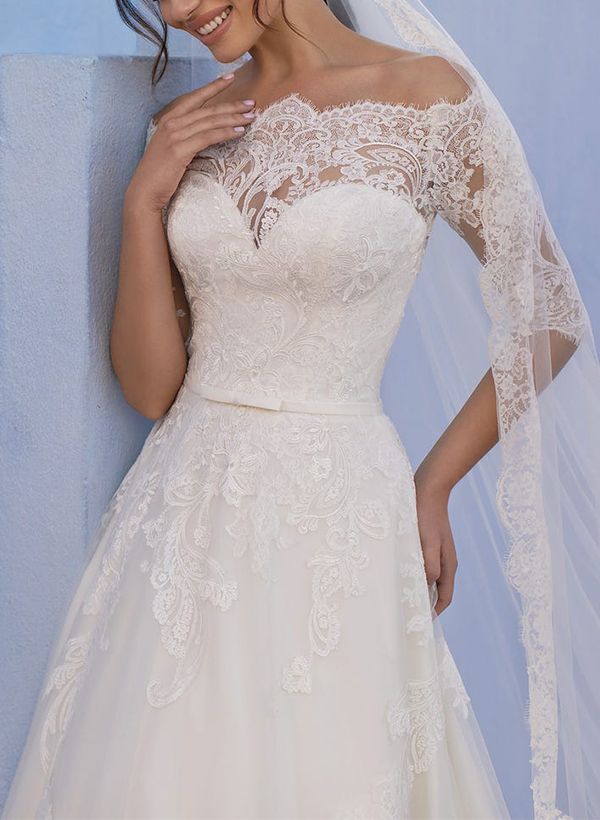 Elegant A-Line Off-The-Shoulder 1/2 Sleeves Lace/Tulle Wedding Dresses