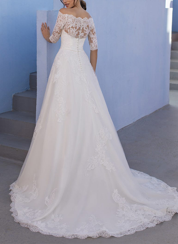 Elegant A-Line Off-The-Shoulder 1/2 Sleeves Lace/Tulle Wedding Dresses