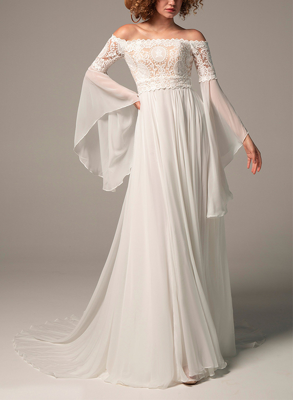 A-Line Off-The-Shoulder Long Sleeves Chiffon/Lace Wedding Dresses