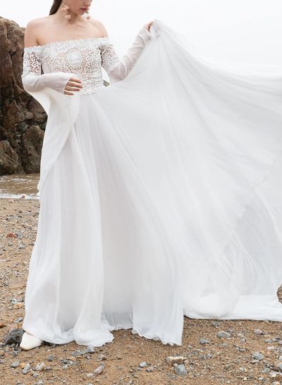 A-Line Off-The-Shoulder Long Sleeves Chiffon/Lace Wedding Dresses