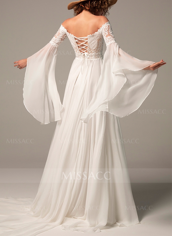A-Line Off-The-Shoulder Long Sleeves Chiffon/Lace Wedding Dresses