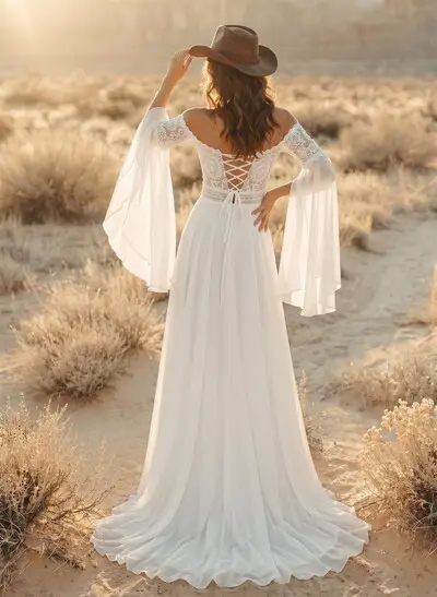 A-Line Off-The-Shoulder Long Sleeves Chiffon/Lace Wedding Dresses