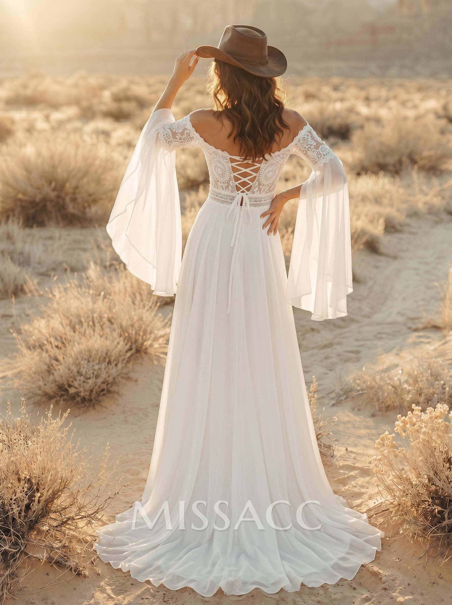 A-Line Off-The-Shoulder Long Sleeves Chiffon/Lace Wedding Dresses A-Line Off-The-Shoulder Long Sleeves Chiffon/Lace Wedding Dresses