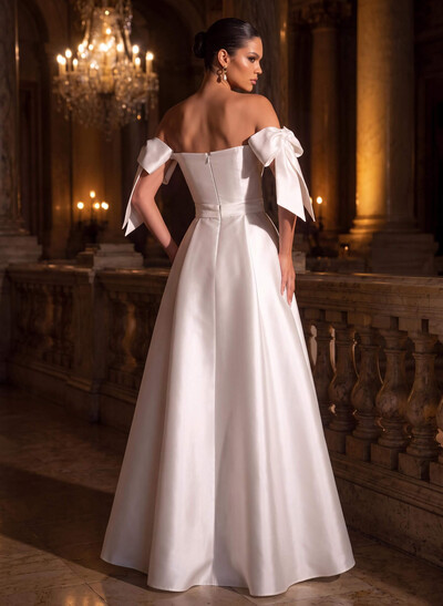 A-Line Off-The-Shoulder Satin Wedding Dresses With Bow(s)/Pockets