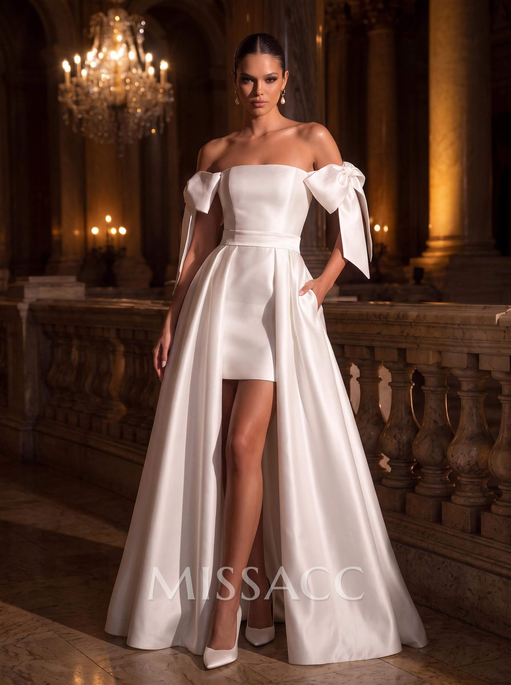 A-Line Off-The-Shoulder Satin Wedding Dresses With Bow(s)/Pockets