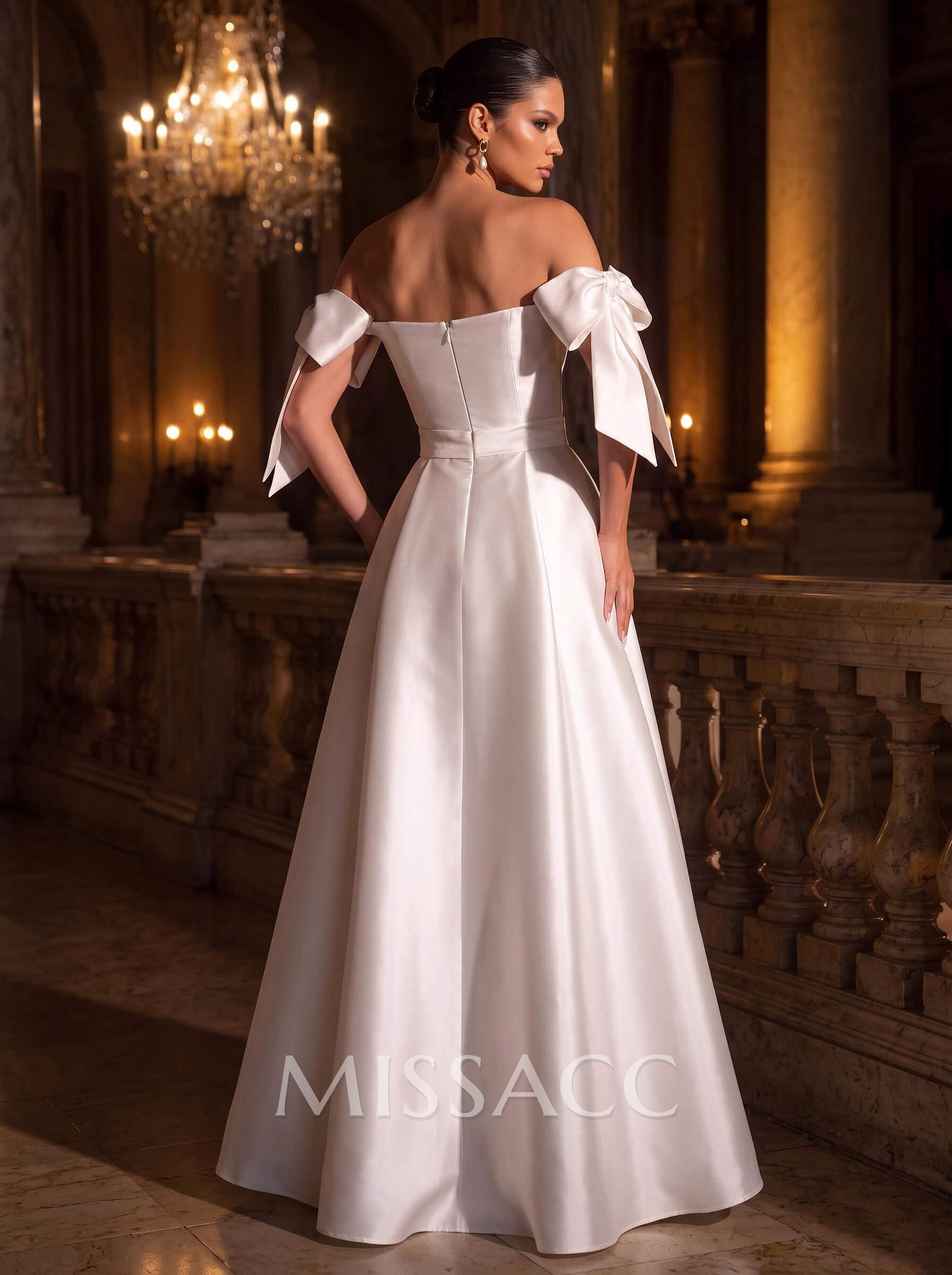 A-Line Off-The-Shoulder Satin Wedding Dresses With Bow(s)/Pockets