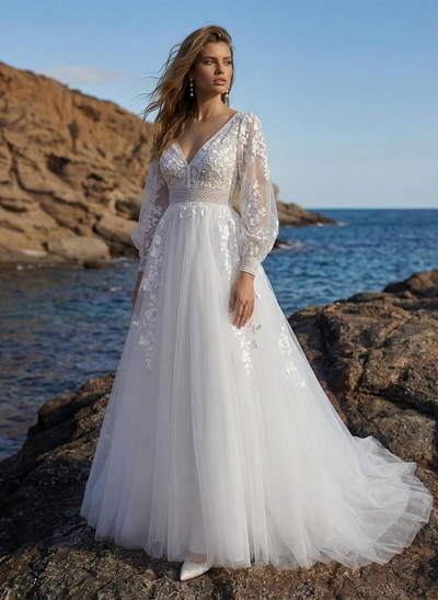 Elegant A-Line V-Neck Long Sleeves Lace/Tulle Wedding Dresses