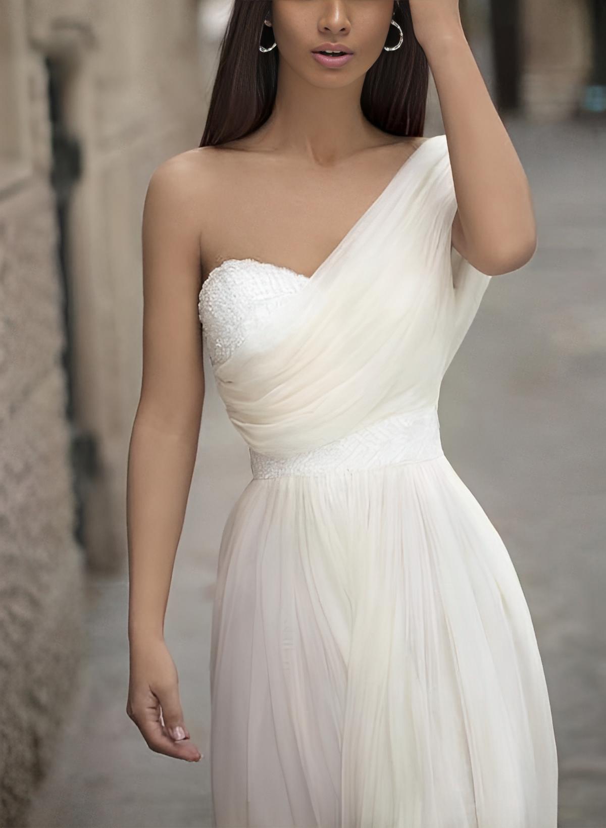 Boho Beach A-Line One-Shoulder Floor-Length Chiffon Wedding Dresses