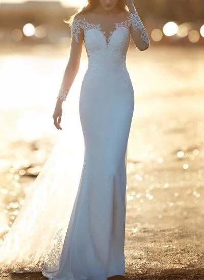 Beach Elegant Long Sleeves Sweep Train Elastic Satin Wedding Dresses