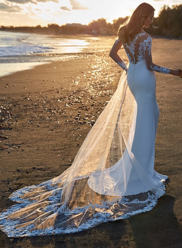 Beach Elegant Long Sleeves Sweep Train Elastic Satin Wedding Dresses