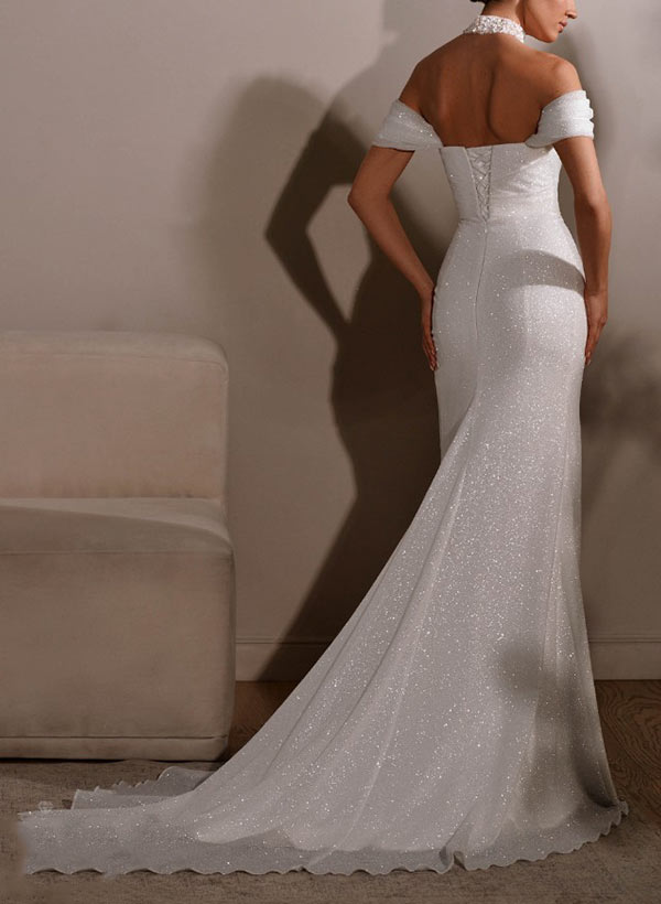 Sparkly Off-The-Shoulder Sleeveless Court Train Wedding Dresses