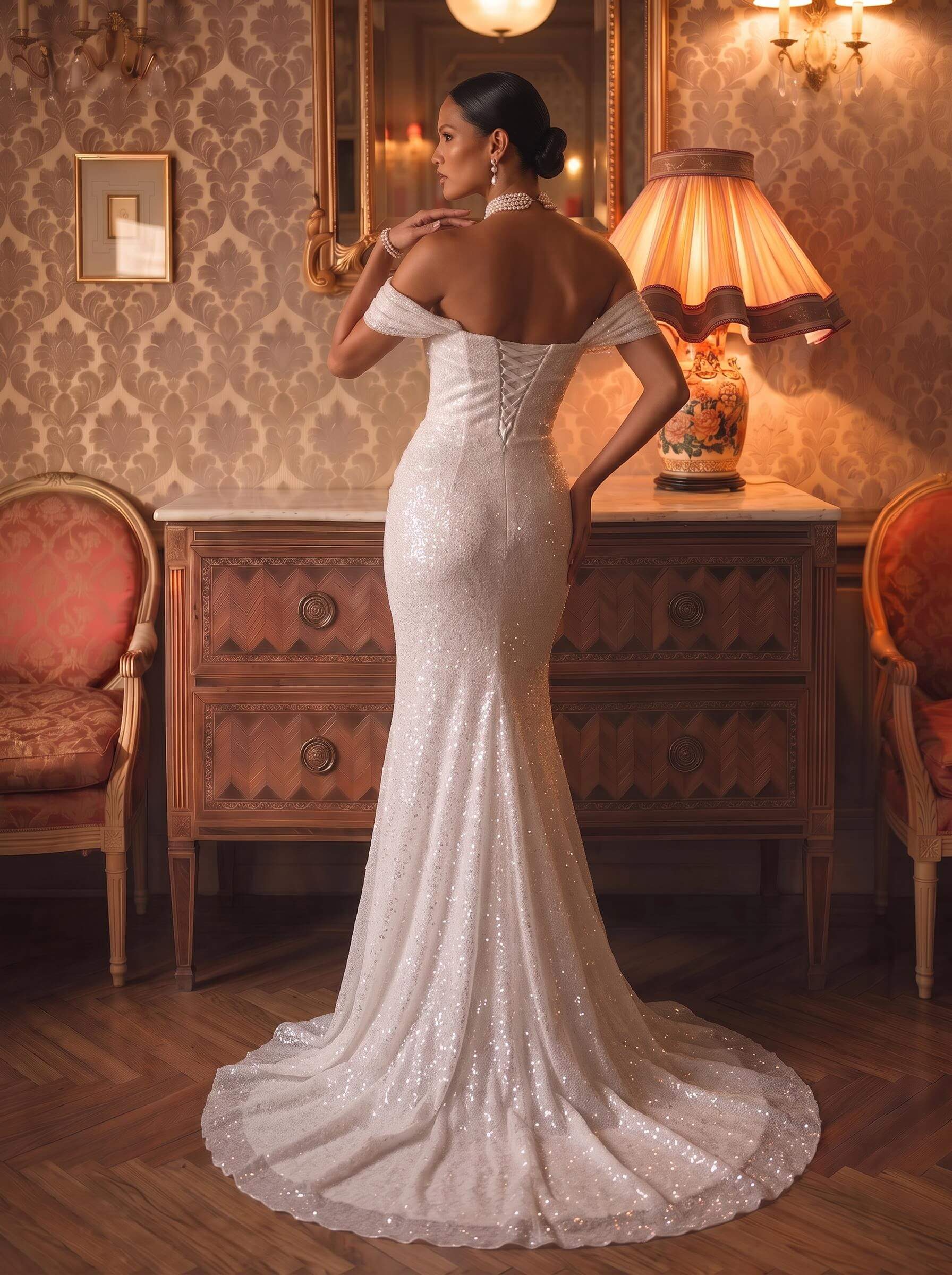 Sparkly Off-The-Shoulder Sleeveless Court Train Wedding Dresses