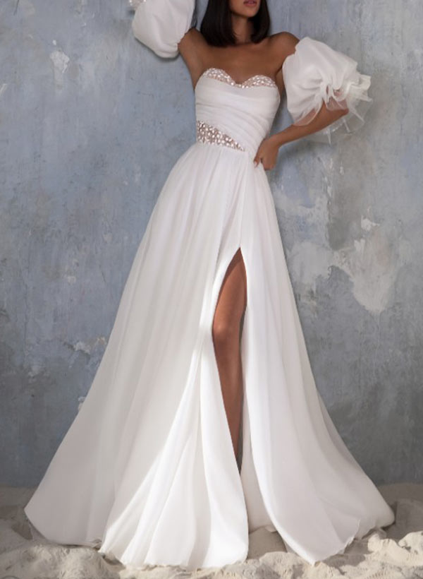 Ball-Gown Sweetheart Short Sleeves Court Train Tulle Wedding Dresses With Split Front