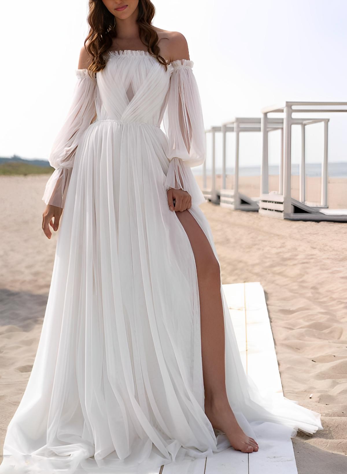 Beach/Boho Strapless Long Sleeves Sweep Train Tulle Wedding Dresses With Split Front
