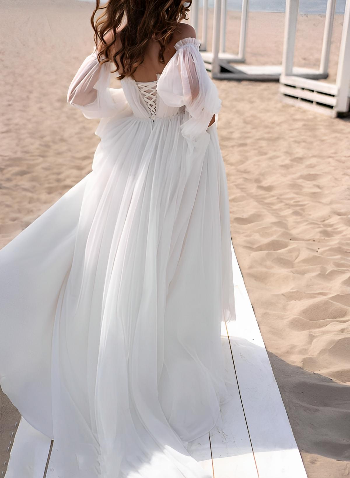 Beach/Boho Strapless Long Sleeves Sweep Train Tulle Wedding Dresses With Split Front