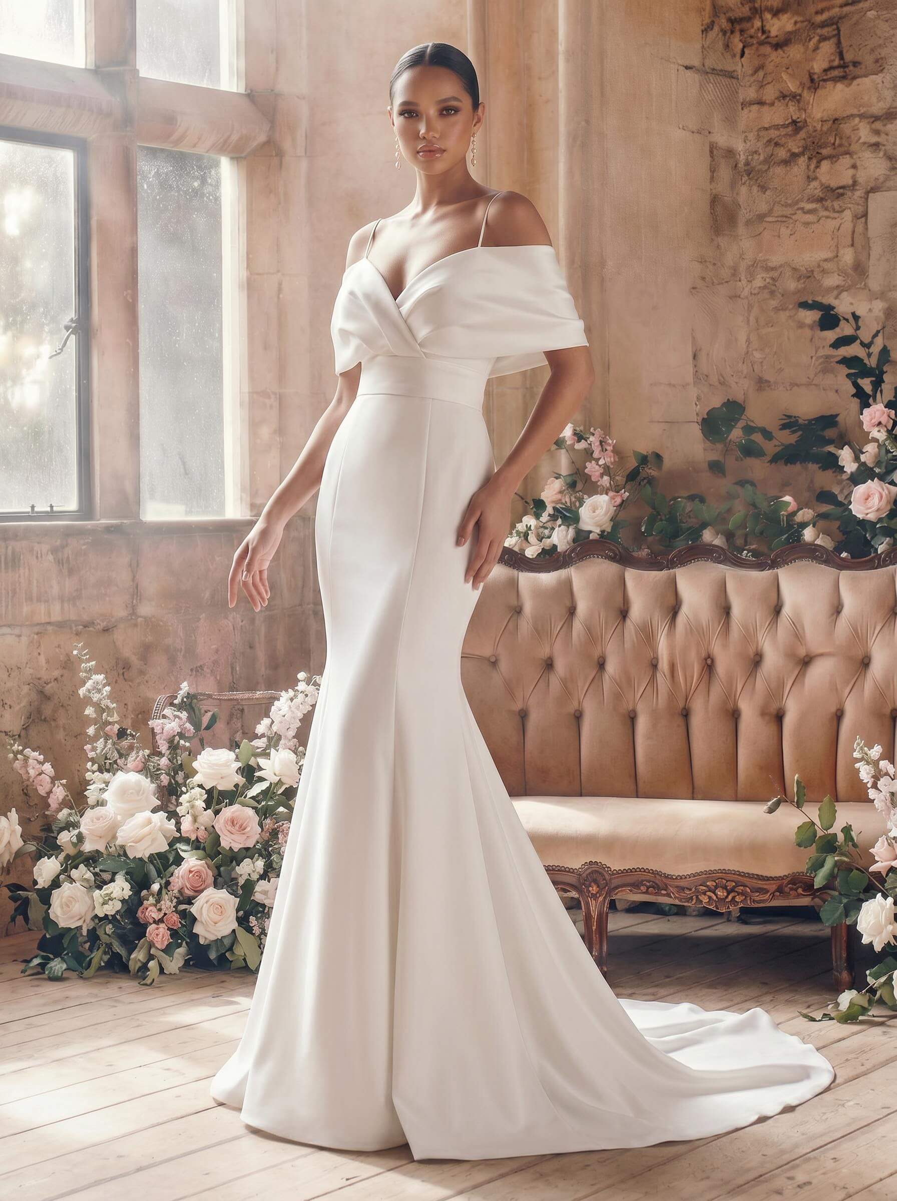 Mermaid Off-The-Shoulder Sleeveless Sweep Train Charmeuse Wedding Dresses