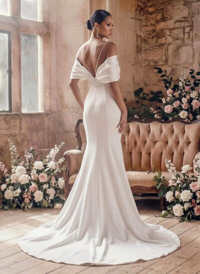 Mermaid Off-The-Shoulder Sleeveless Sweep Train Charmeuse Wedding Dresses