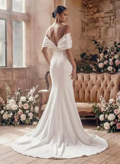 Mermaid Off-The-Shoulder Sleeveless Sweep Train Charmeuse Wedding Dresses