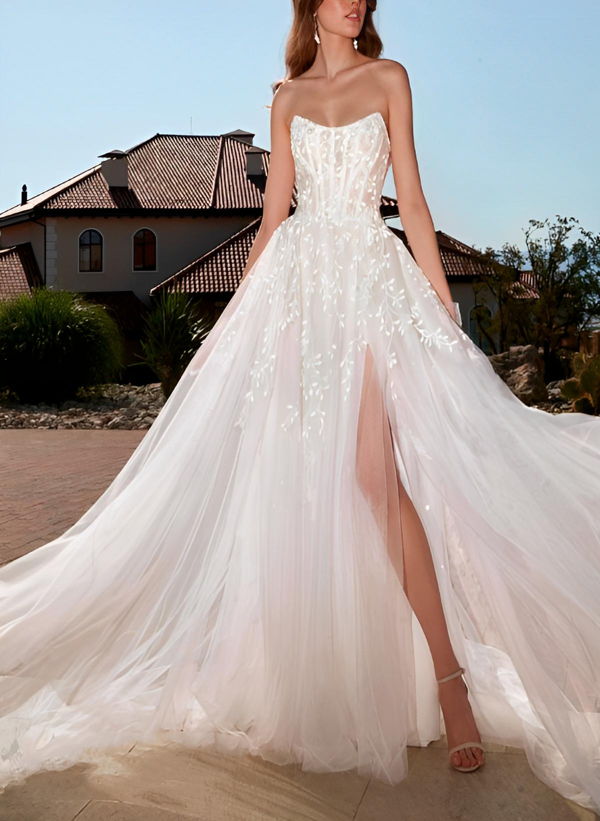 A-Line Strapless Sleeveless Court Train Tulle Wedding Dresses With Split Front
