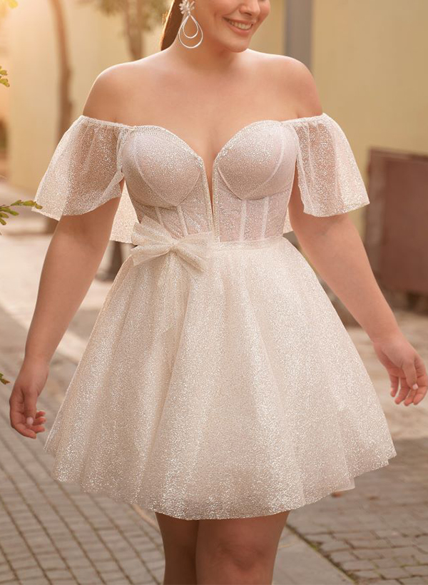 A-Line Off-The-Shoulder Short/Mini Sequined Wedding Dresses With Bow(s)