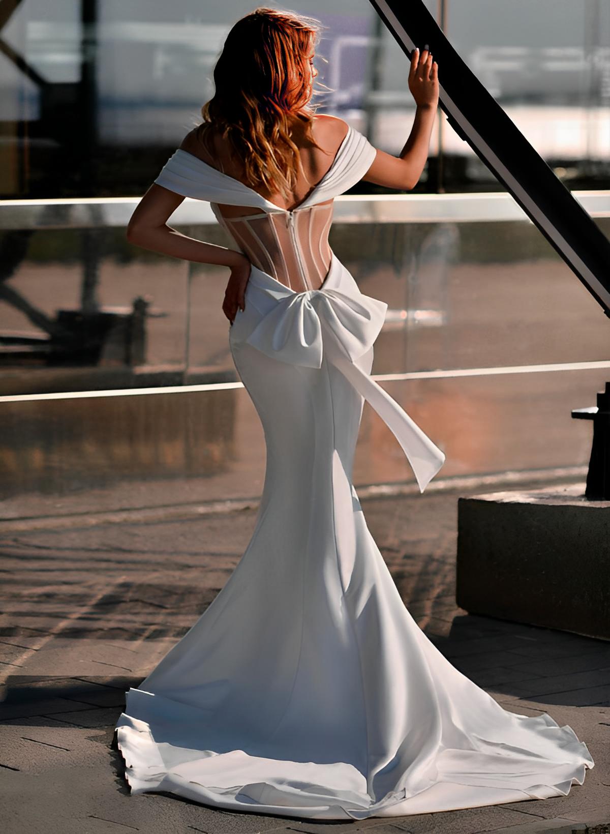 Mermaid Sleeveless Court Train Elastic Satin Wedding Dresses With Bow(s)