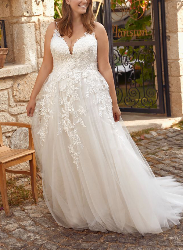 A-Line V-Neck Sleeveless Sweep Train Lace/Tulle Wedding Dresses
