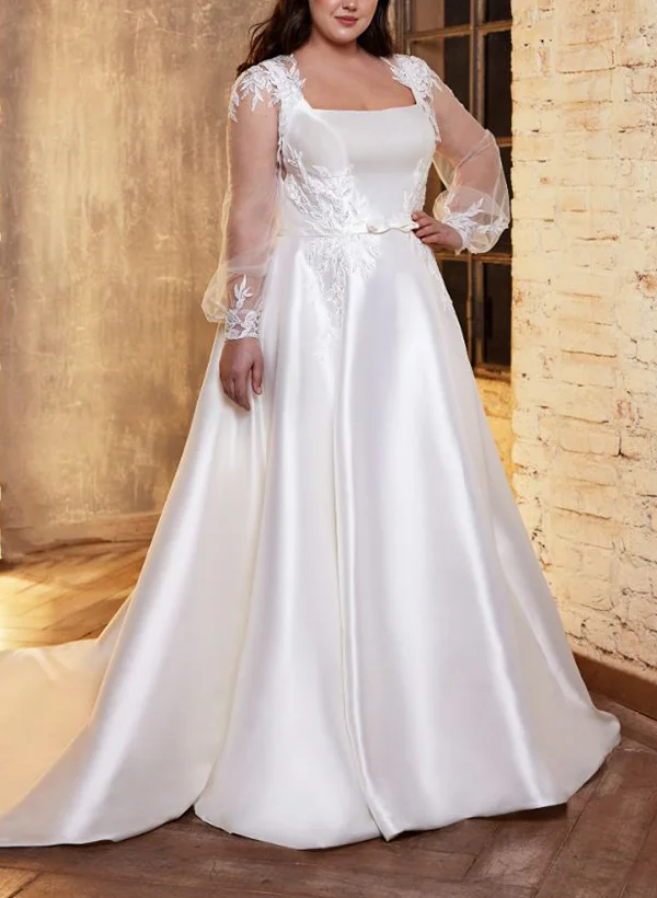 A-Line Square Neckline Long Sleeves Lace/Satin Wedding Dresses - Missacc A-Line Square Neckline Long Sleeves Lace/Satin Wedding Dresses - Missacc