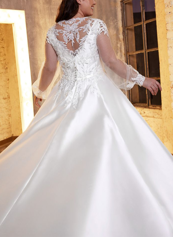 A-Line Square Neckline Long Sleeves Lace/Satin Wedding Dresses