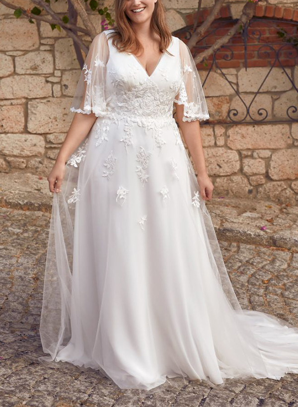 A-Line V-Neck 1/2 Sleeves Sweep Train Lace/Tulle Wedding Dresses