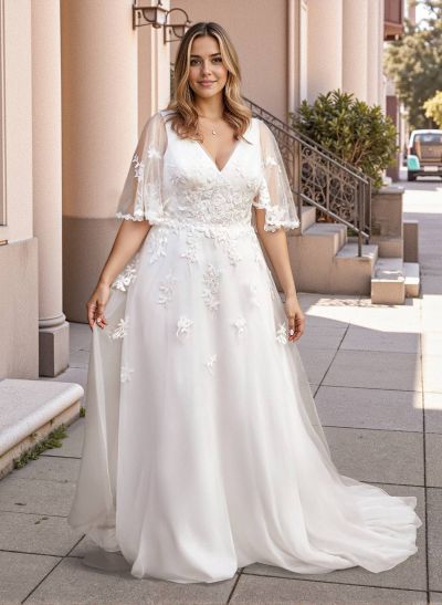 A-Line V-Neck 1/2 Sleeves Sweep Train Lace/Tulle Wedding Dresses