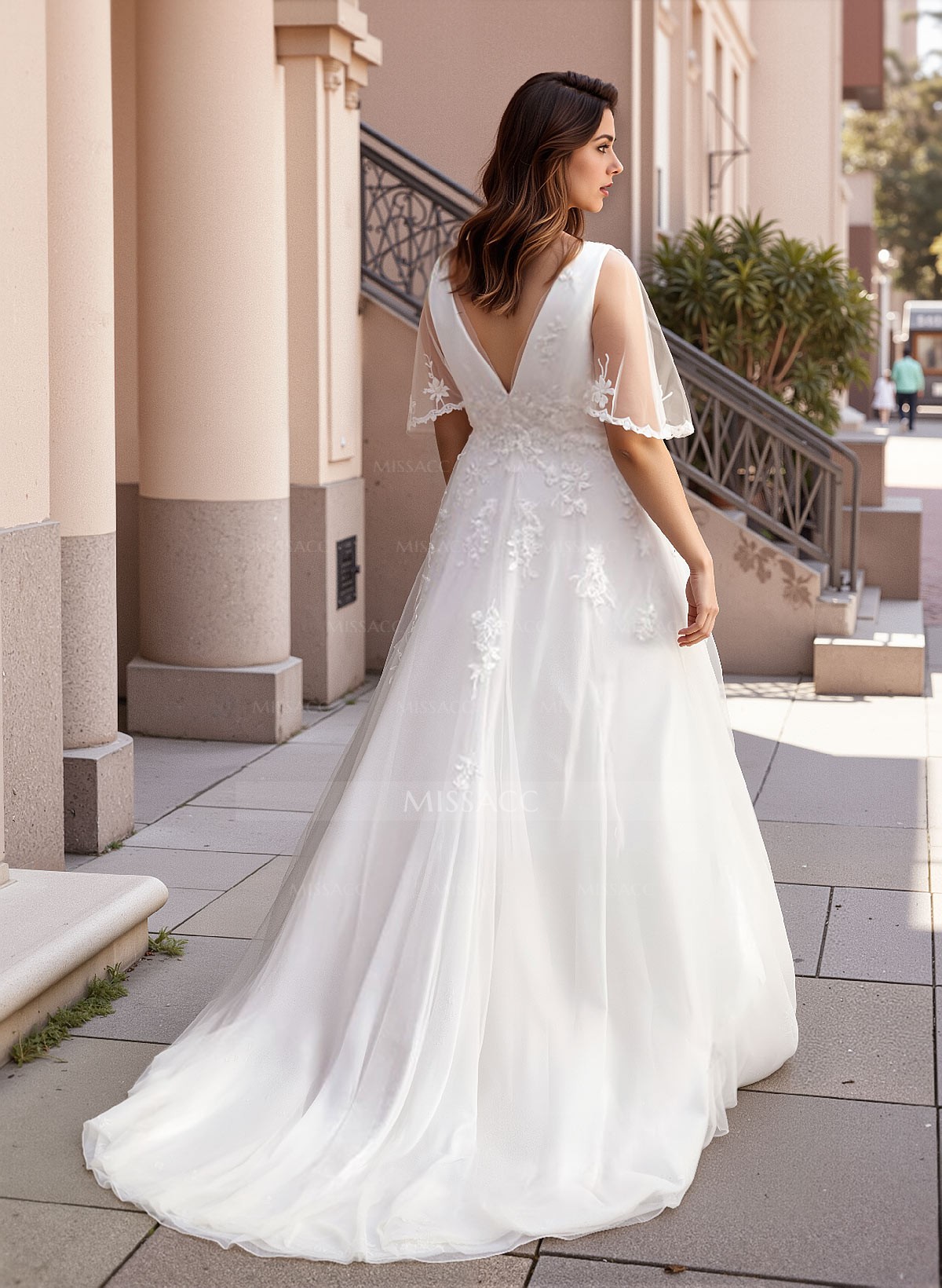 A-Line V-Neck 1/2 Sleeves Sweep Train Lace/Tulle Wedding Dresses