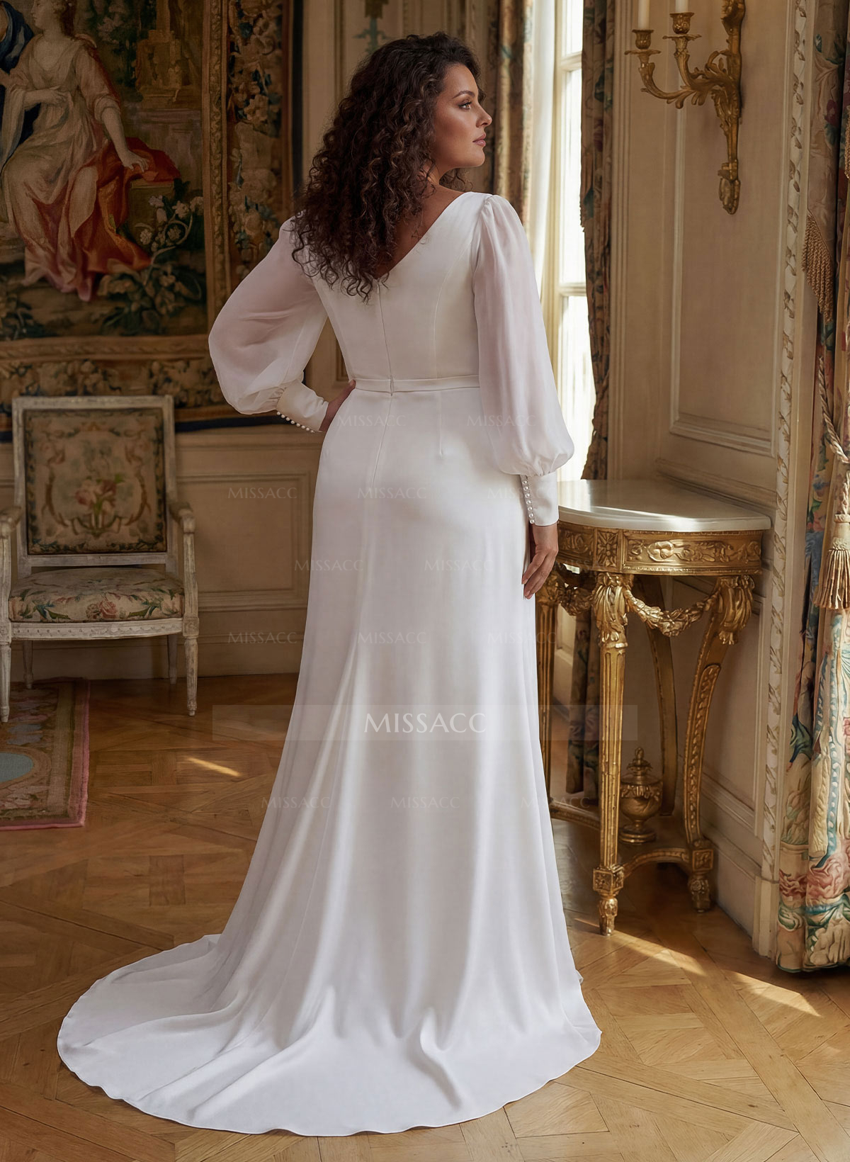 V-Neck Long Sleeves Sweep Train Satin Wedding Dresses With Split Front