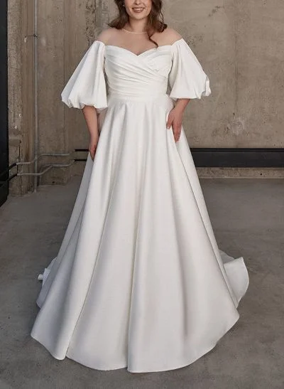A-Line Illusion Neck 1/2 Sleeves Sweep Train Satin Wedding Dresses